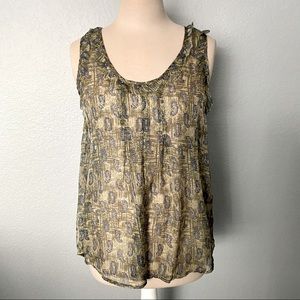 Olivia Moon Olive Green Print 100% Silk Tank Top